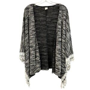 In Style Womens Open Front Black/Ivory Marled Kimono Cardigan Crochet Trim S/M